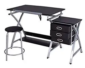 SKB Family Black/Pink Adjustable Drafting Table Drawing Desk w/Stool Drafting Table Features Padded Stool Pull-Out Drawers Storage Three Slide-Out Drawers