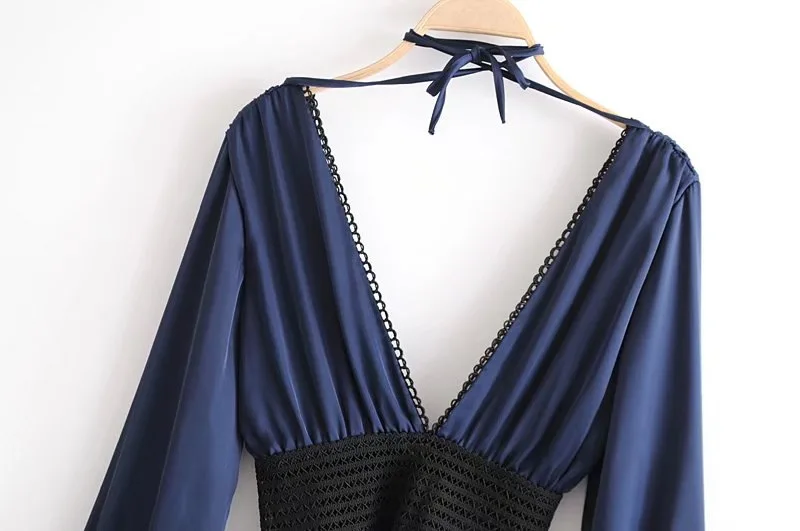  OEM ODM Clothing Woman Sexy See Through Navy Long Sleeve Deep V Neck BOHO Beach Dress