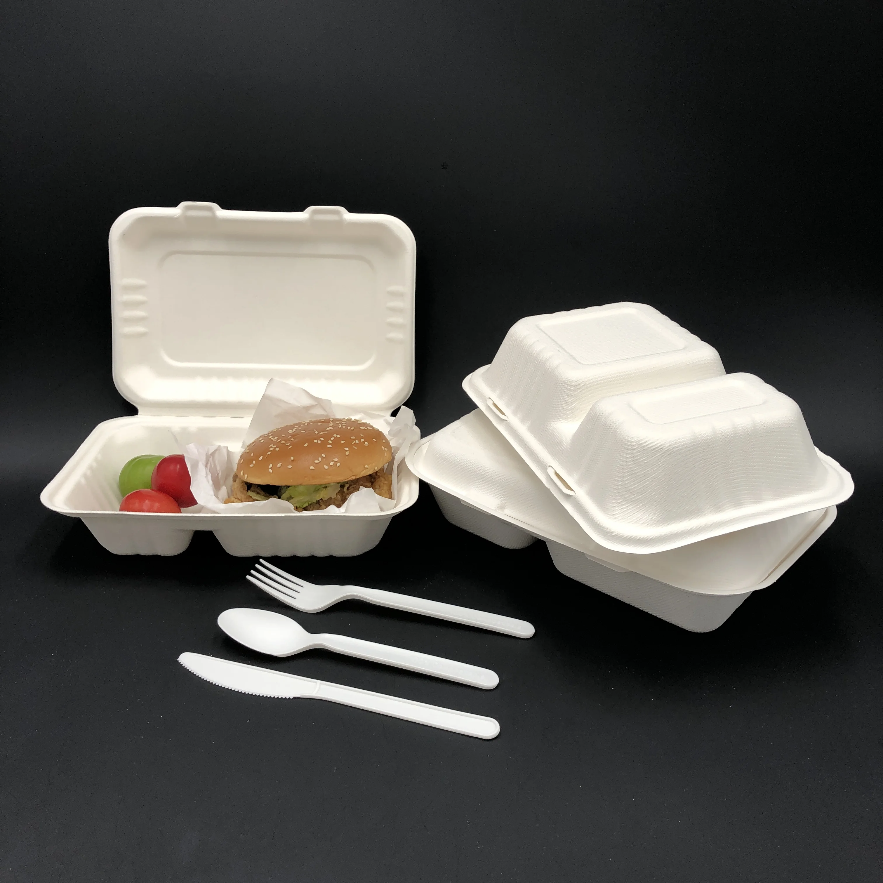 New Design Bagasse Clamshell Box 2 Compartments Lunch Box 100 ...