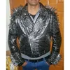 Black Color Punk Style Genuine Leather Jacket Long Silver Spiked Studs For Men