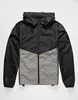 New Polyester Mens Windbreaker Jacket Zip front. Pieced three-tone construction Elastic drawcord hood and bottom hem