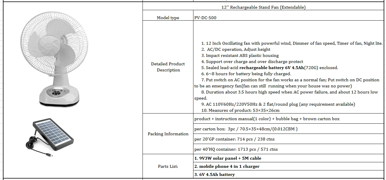 Factory 16" AC DC 12V solar emergency rechargeable fans with light