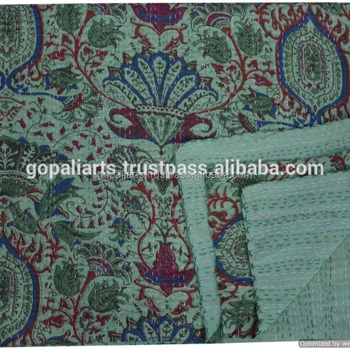 Indian Green Paisley Printed Kantha Handmade Quilt Throw Twin Size