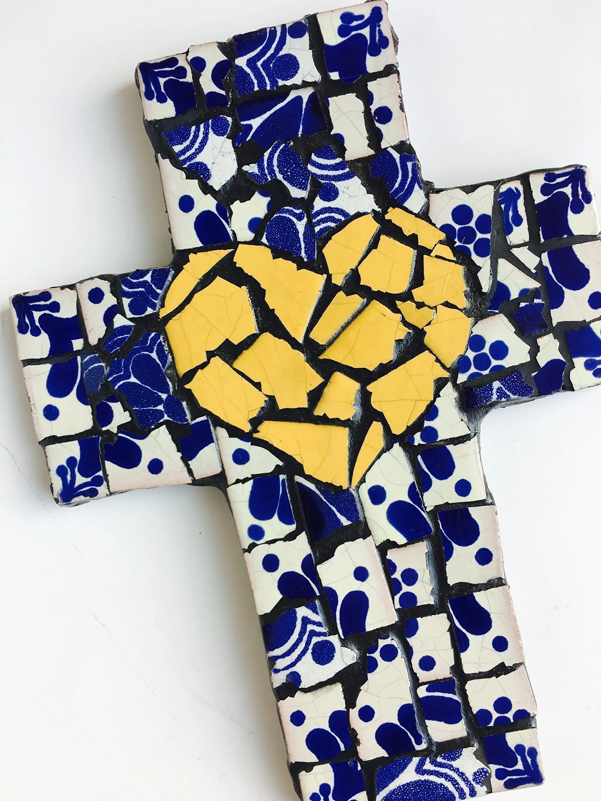 Mexican Tile Talavera Mosaic Wall Cross 9 inch X 6 inch Handcrafted Mosaic Yellow Heart with Blue Mexican Ceramic tile,