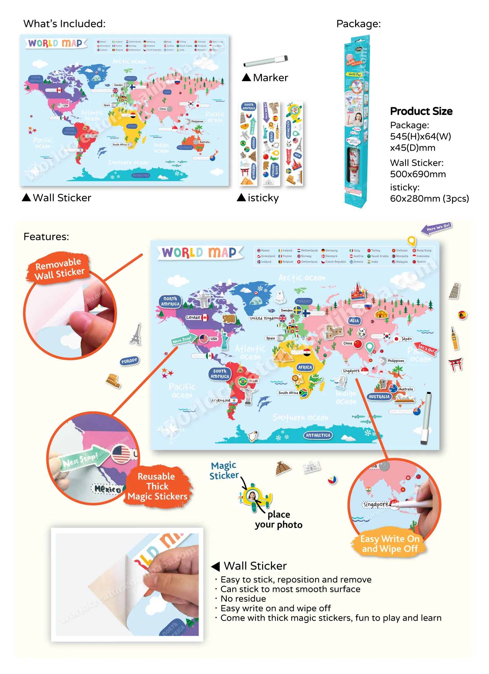 World Map Kids Room Colorful TPE Sticker World Map Wall Sticker