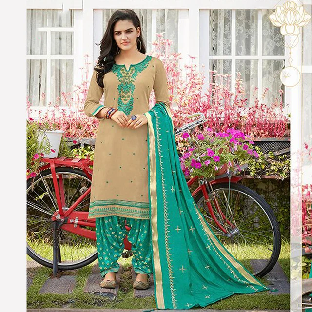 旁遮普风格日常穿脖子刺绣工作棉帕蒂亚拉套装集合