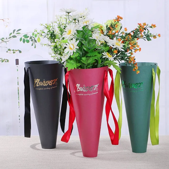Cone Shape Cardboard Flower Box With Carry Ribbon Handle Buy Flower