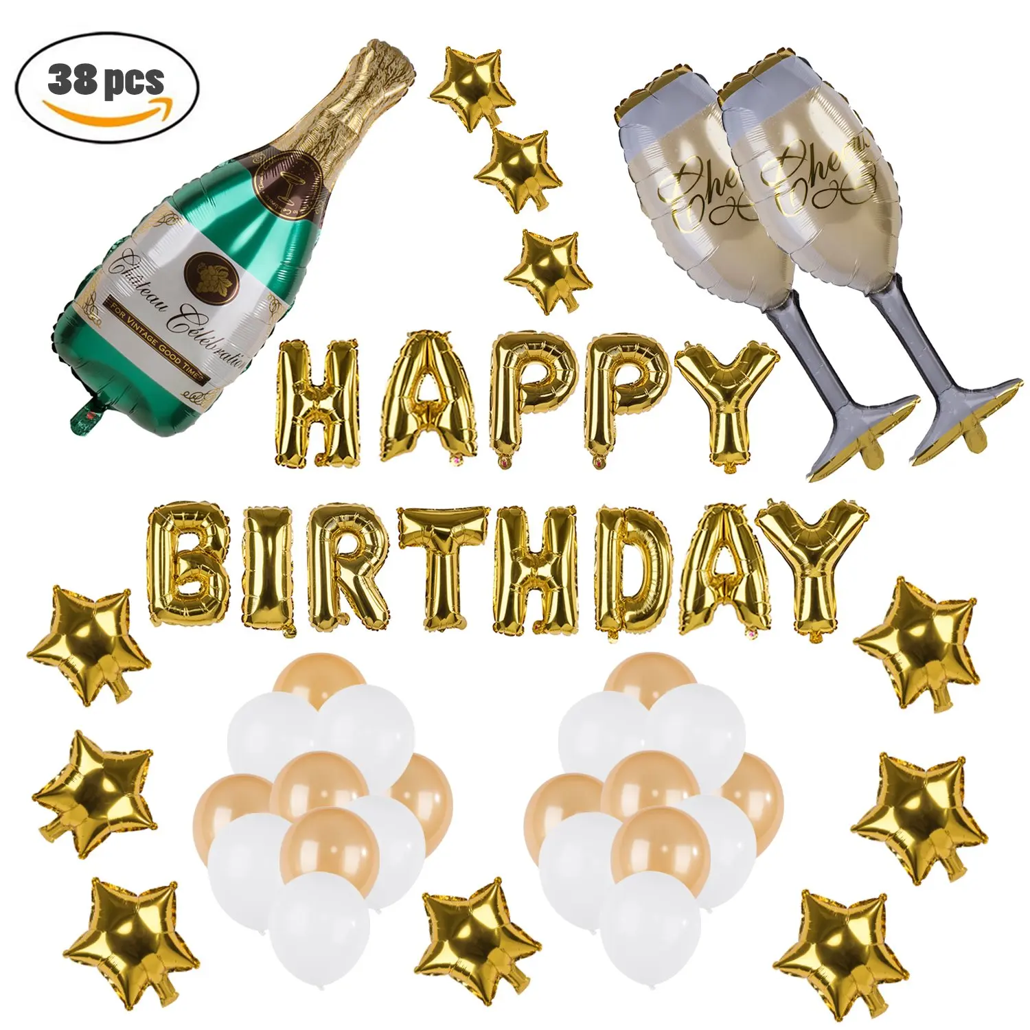 Gold Balloon Decoration Set With HAPPY BIRTHDAY Foil Balloon Large Champagne Balloons And Latex Balloons 48Pcs For Birthday Party Supplies Kwayi Birthday Supplies