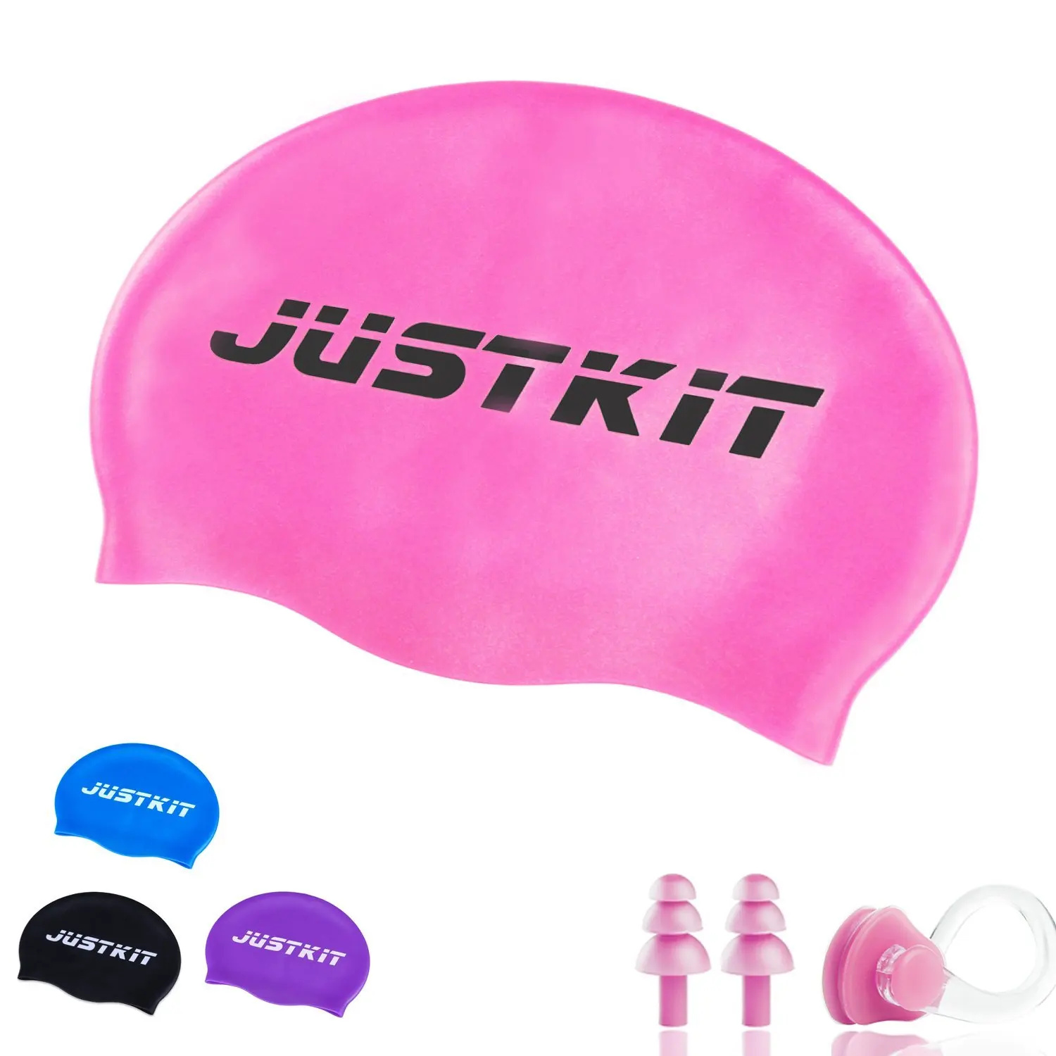 JUSTKIT Best Silicone Swim Cap-Waterproof No Slip Swimming Hat for Adults Women and Men-Swim Cap Set Includes Nose Clip And Ear Plugs-Perfect Bathing Cap for Casual Use, Competition & Training