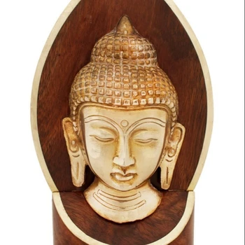 Hand Carved Decorative Wooden Buddha Head Sculpture With Brass