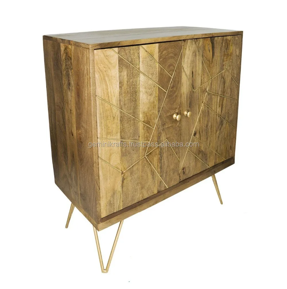Gold Finish Sideboard With Hairpin Legs,Industrial Modern Carving