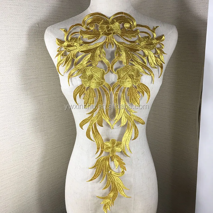 metallic Gold embroidery patch lace applique venise yoke dress dance costume 