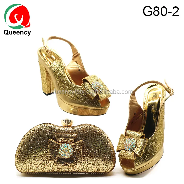 G80-2 gold Party High Heel Shoes And Matching Clutch Bag Evening