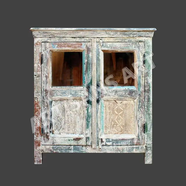 Whitewashed Reclaimed 2 Glass Door Cabinet Hand Finished Antique