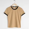 100 Cotton Contrast Trim T Shirts Plain Blank Slim Fitted Top Khaki Color Ringer Tee