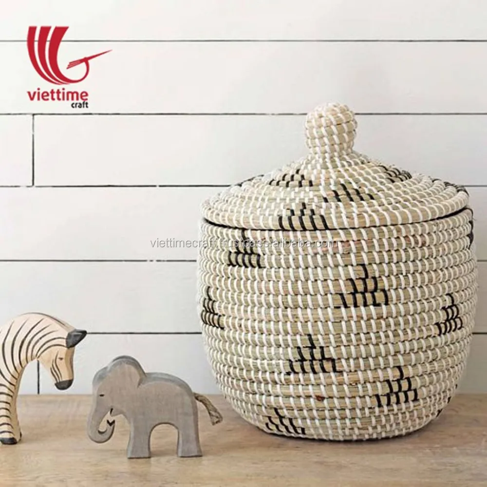 New Design! Seagrass Plastic String Storage Basket With Lid/handmade