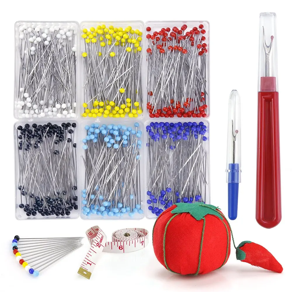 Pllieay 1000 Pieces Sewing Pins Multicolor Glass Ball Head Pin with Wrist Holder including Sewing Seam Ripper and Soft Tape Measure for Dressmaking Jewelry Components Flower Decoration with Trans