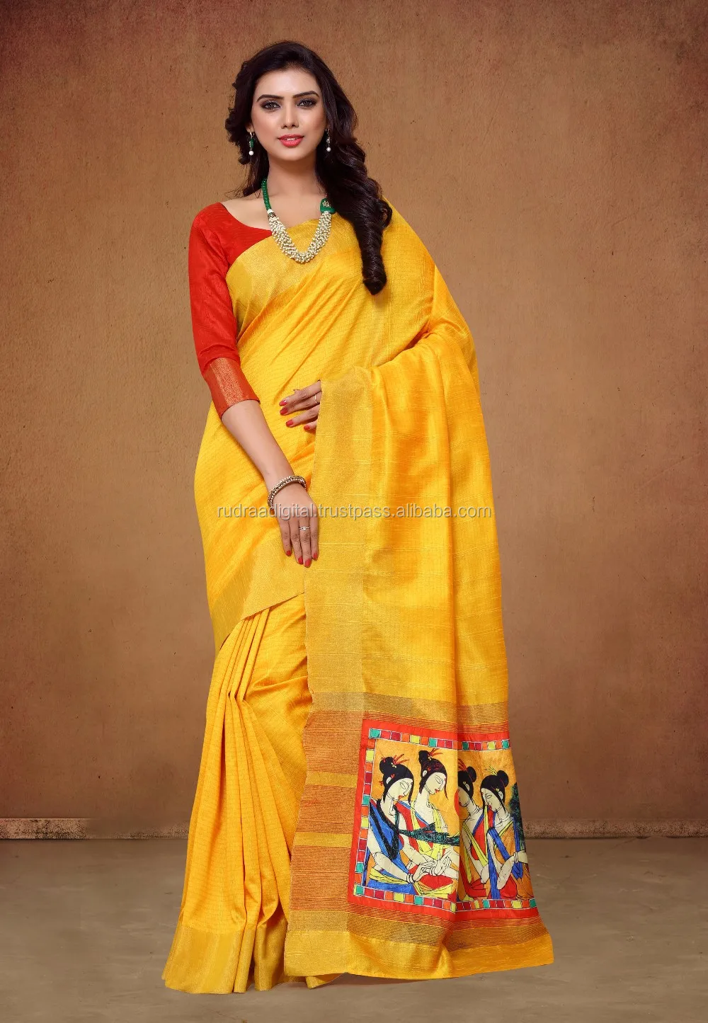 yellow designer saree with unique pallu and digital print