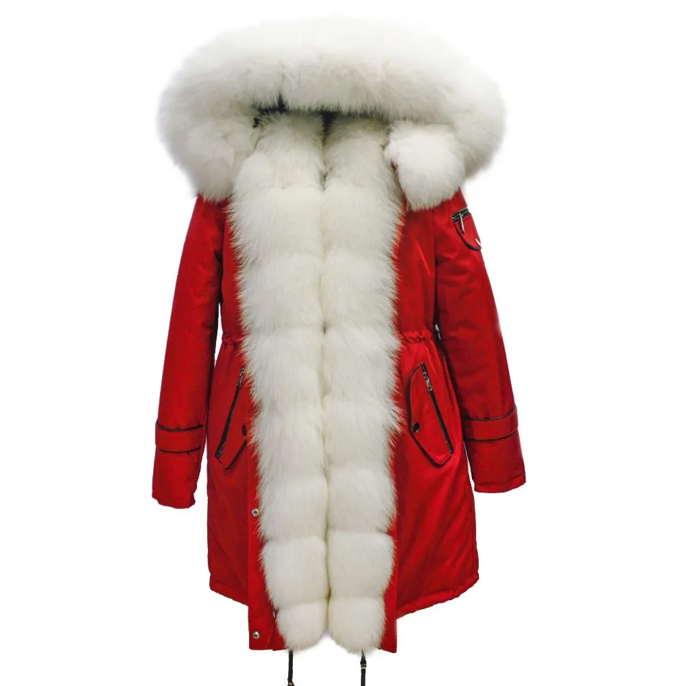 red hooded fur coat