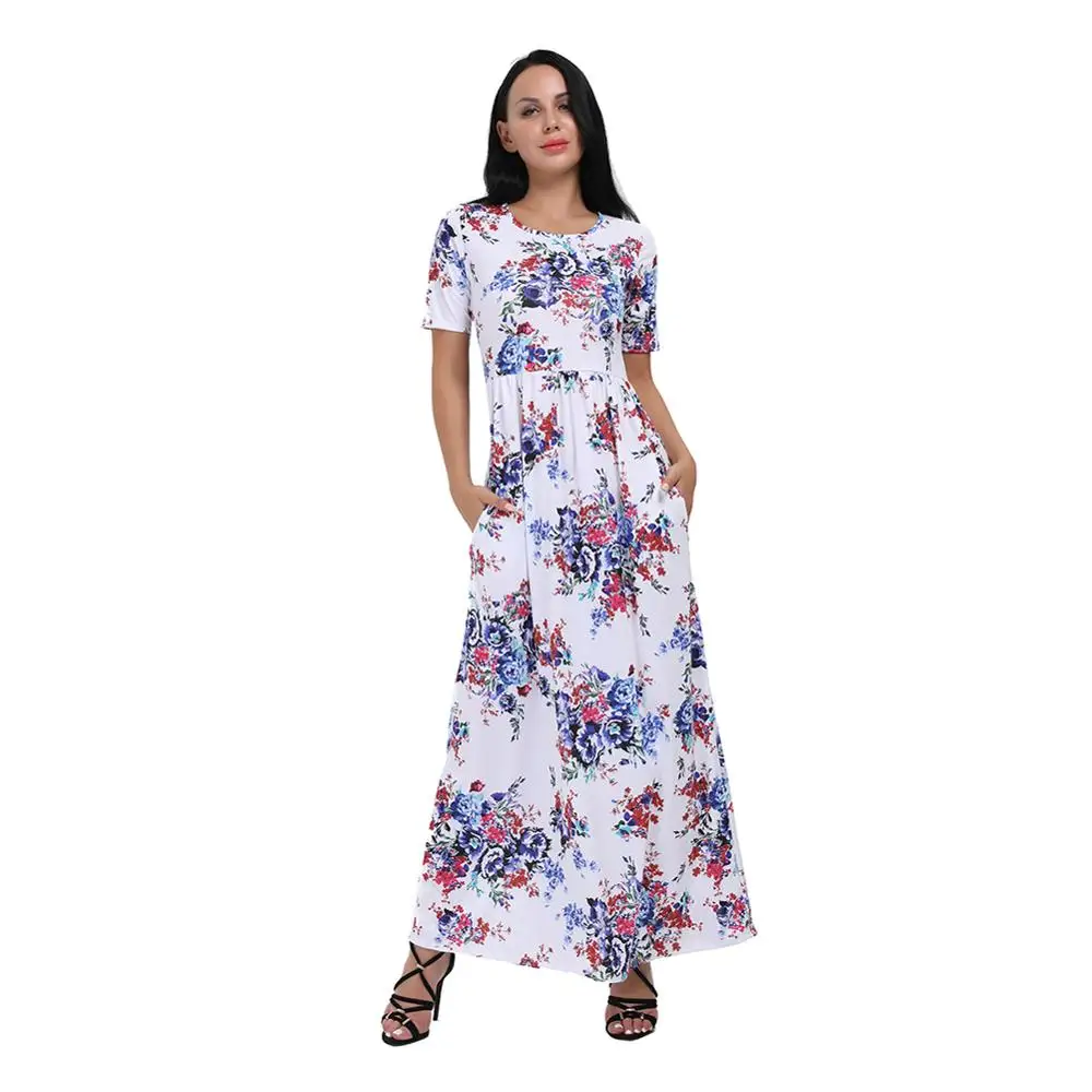 White Ankle Length Short Sleeve Print Maxi Dress With Two Pockets - Buy ...