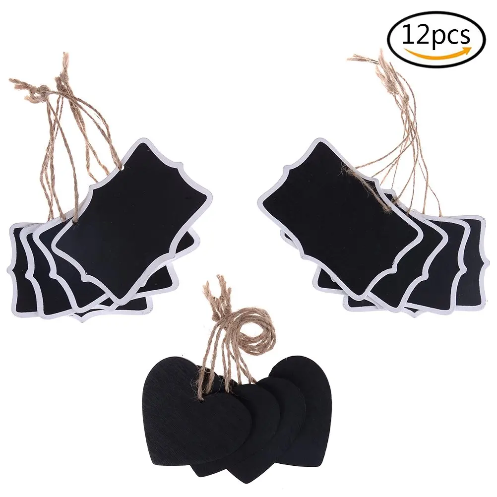 12pcs Mini Chalkboard Signs with Flax Rope Wooden Message Blackboard, Double Sided, Single Sided and Heart Shaped Chalk Boards for Memo Names