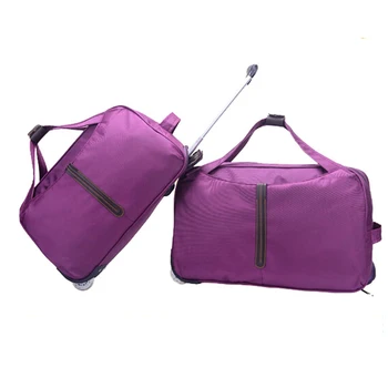 purple duffle bag with wheels