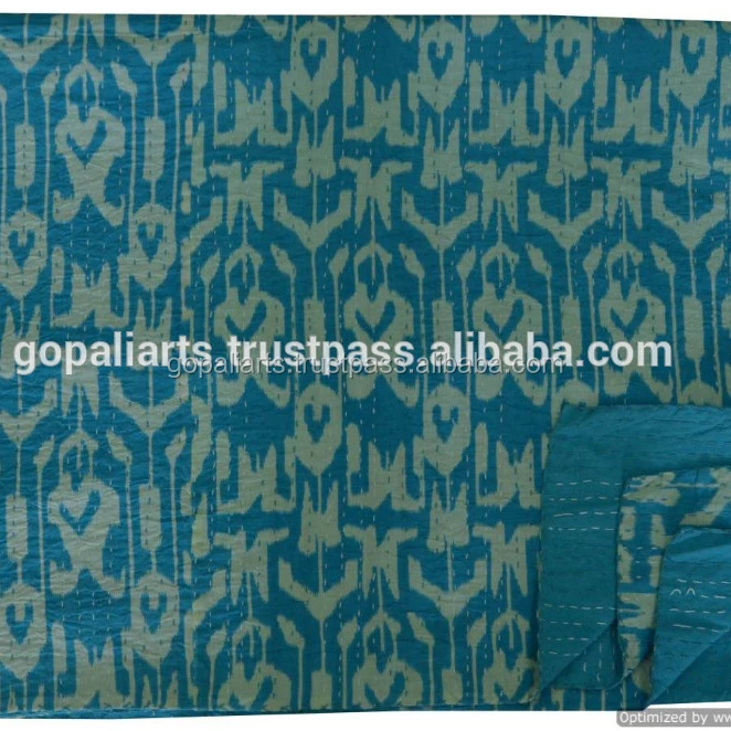 Blue Ikat Paisley Print Kantha Quilted Bedspread Kantha Bedsheet Cotton Bedcover