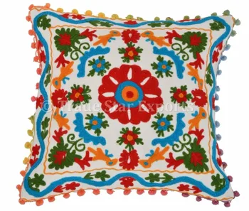Uzbek Suzani Embroidered Pillow Cover Decorative Pom Pom Throw