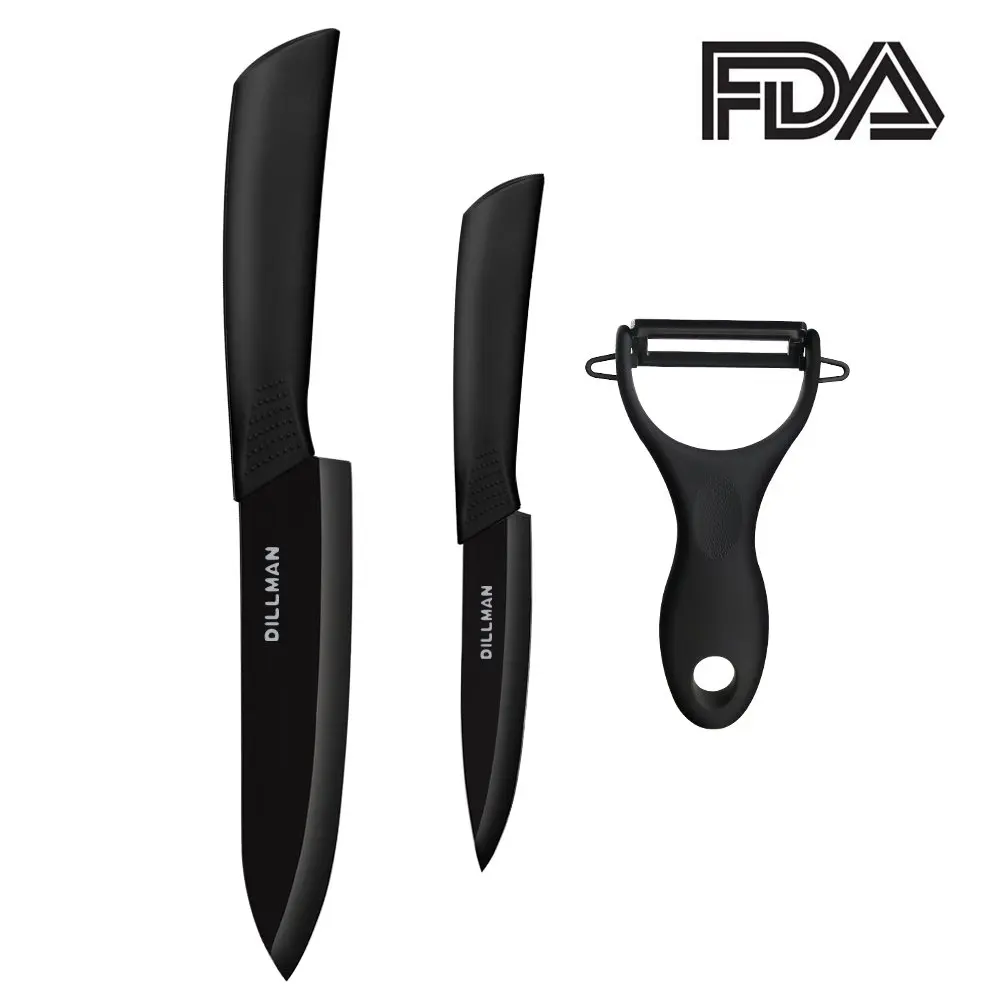 Ceramic Knife Set 3 Pieces Black Kitchen Knife Set with Sheaths 6" Chef Knife 4" Paring knife Fruit Peeler Gift Box
