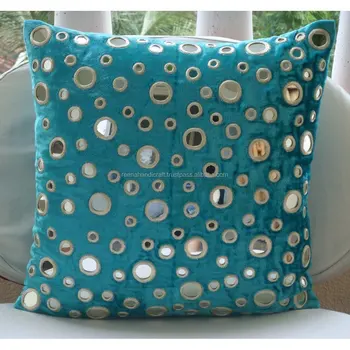 Indian Handmade Turquoise Blue Throw Pillows Cover Mirror Pillow