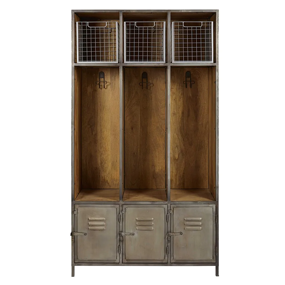 Industrial Iron Mango Wood 3 Door Entryway Cabinet Locker