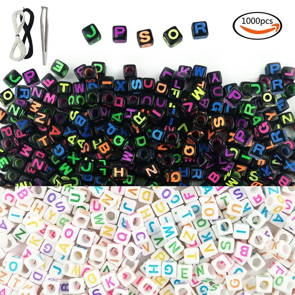 JPSOR 500 Pcs Acrylic Black Letter Beads with Colorful Letters and 500pcs Acrylic White Letter Beads with Colorful Letters with 1 Pair of Tweezers, 1 Black Cord and 1 White Cord