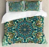 Indian Nature Elements , Turquoise Teal Light Yellow Duvet Doona Cover Comforter Mandala Hippie Bohemian Reversible Quilt Set