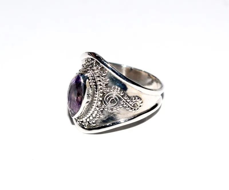 侯爵夫人形状刻面宝石紫水晶 925 纯银戒指,设计师银首饰,手工戒指银