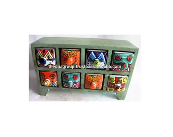 Indian Wooden Chest Cabinet 8 Ceramic Drawers Green Buy