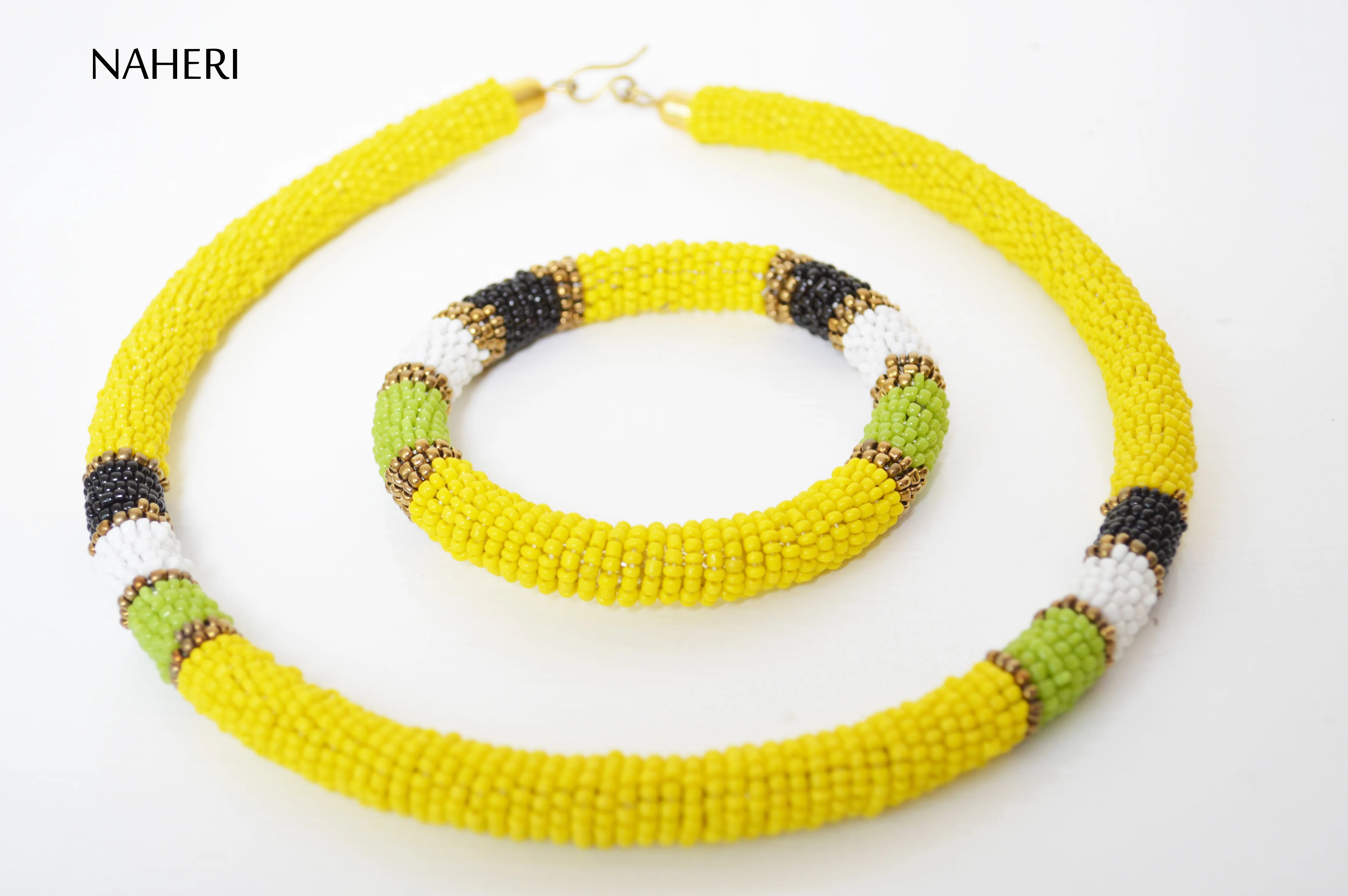 African Beaded Yellow Necklace And Bracelet Set Tribal Jewellery