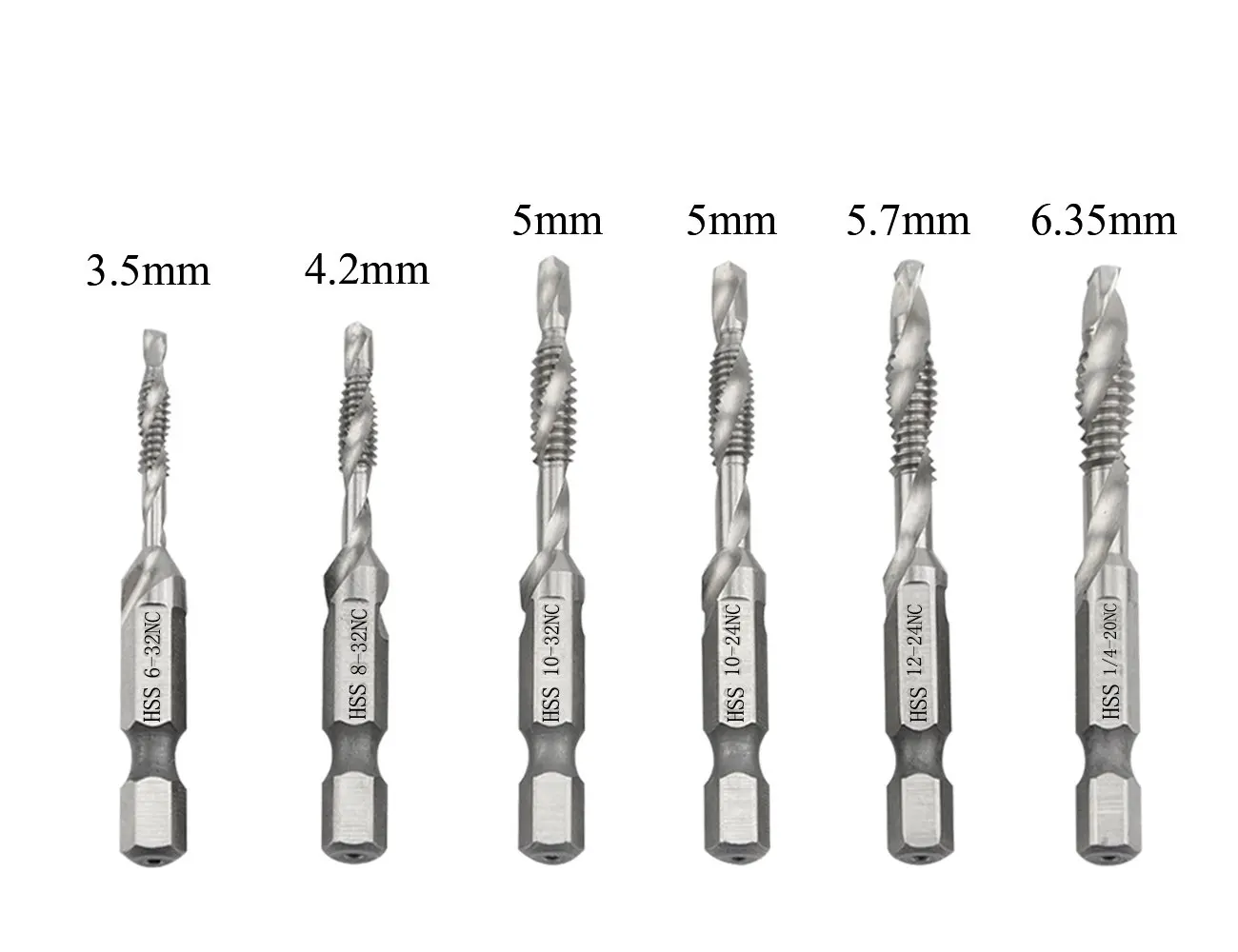 TOVOT 6 PCS HSS 4341 Combination Drill Bit Set 6-32NC 8-32NC 10-32NC 10-24 NC12-24NC 1/4-20NC with 1/4 Inch Shank Countersink Screws Tap Bit 3.5 mm-6.35 mm