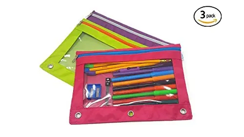 iWRITE 3-Ring Pencil Pouch with Clear Window(3-pack), BONUS Stationery Included, Binder Pencil Pouch Contrast Color Zippers, Available in Assorted Colors, Fits Standard Binders (Pink, Purple, Green)