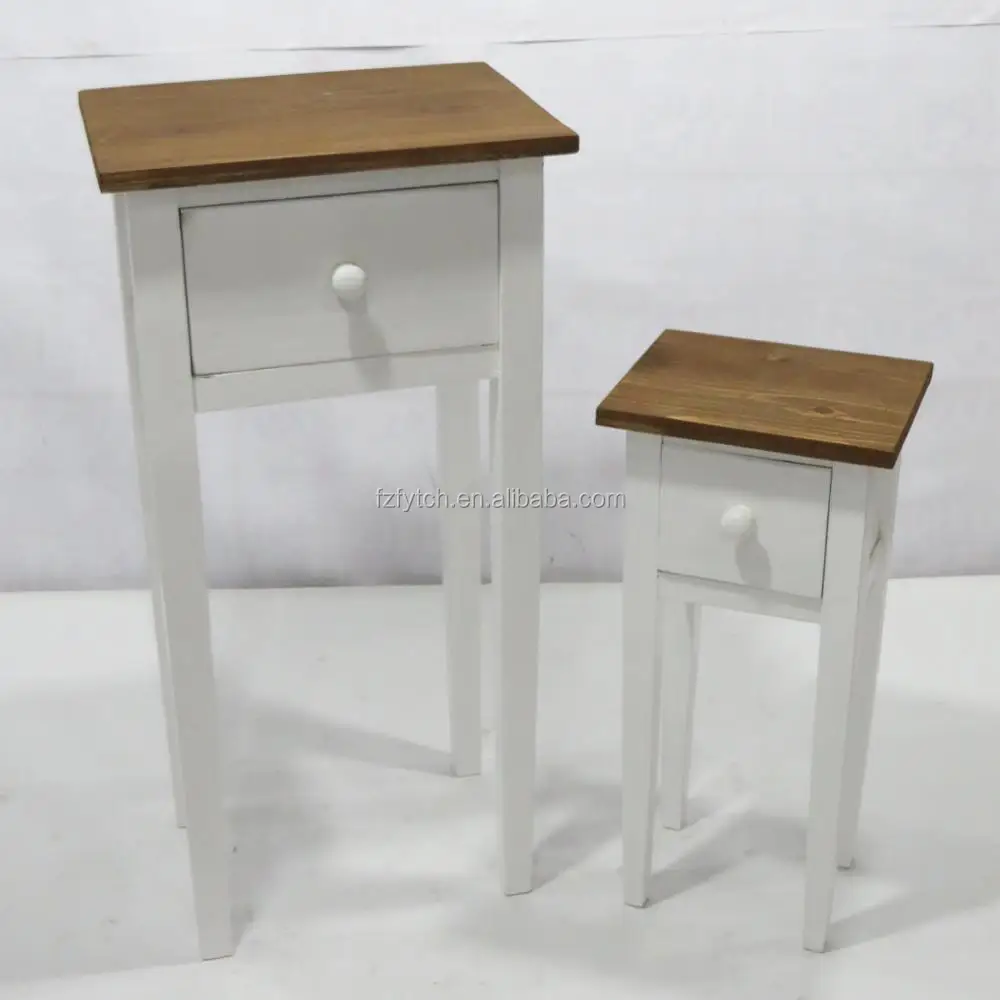 2 Piece Wood White Painted Tall Narrow Nightstands With 1 Drawer