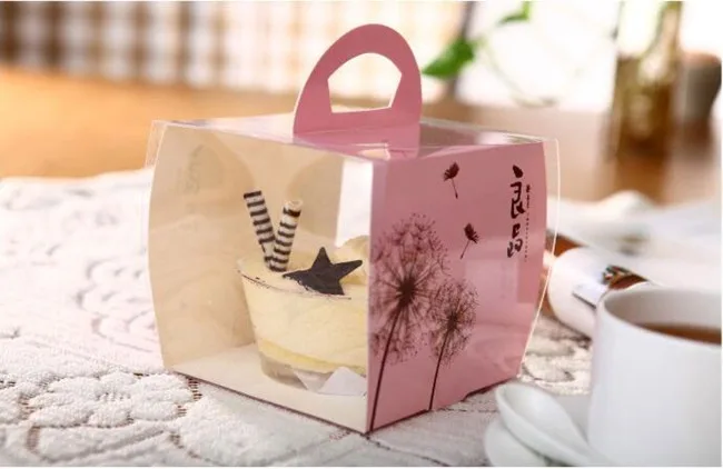 Recycled PET top handle plastic cake slice box with window