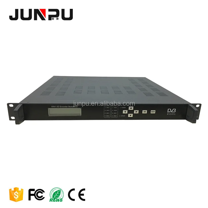 Modular IPTV headend rack setup with encoders, processors, and network switches