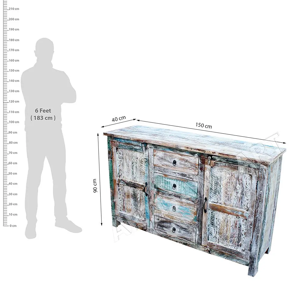 Vintage Rustic Whitewashed Reclaimed Wood 2 Door 4 Drawer Sideboard