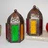 Patterned Glass Hexagon Moroccan Indian Lantern Antique Copper Multicolor Hanging / Table Metal Tea Light Candle Holder