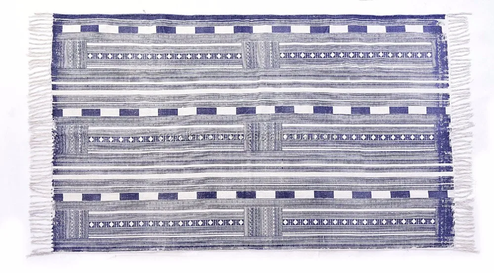 Indigo Blue Cotton Block Print Accent Area Dhurrie Rug Woven Weave Indian Carpet