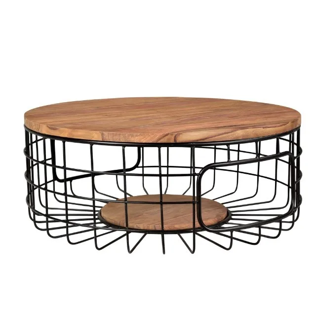Furniture Storage Black Metal Wire Basket Wooden Top Side Coffee Table