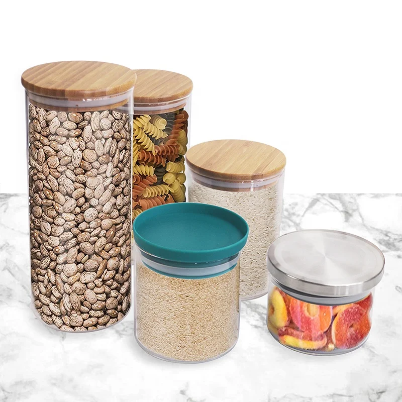 Glassware Factory Clear High Borosilicate Airtight Bamboo Wood Food Storage Glass Jars with Lids