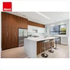 Compact Laminate wood grain main kitchen with quartz stone benchtop
