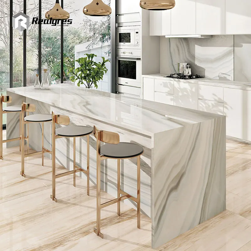 White Glazed Marble Dining Table Porcelain Tile Kitchen Countertops