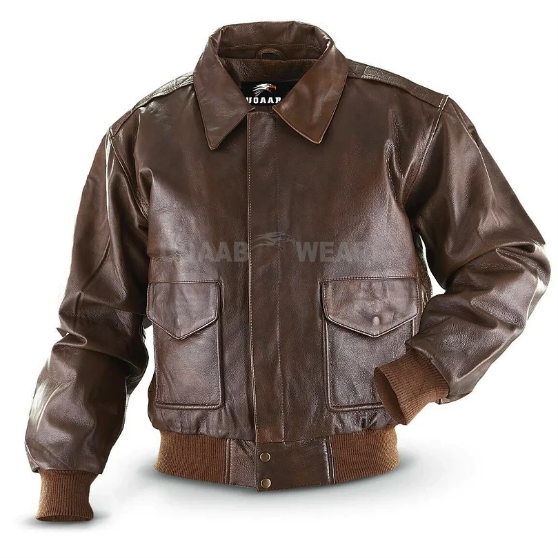 Mens A-2 Flight Bomber Pilot Leather Jacket Collared Air Force Flying ...