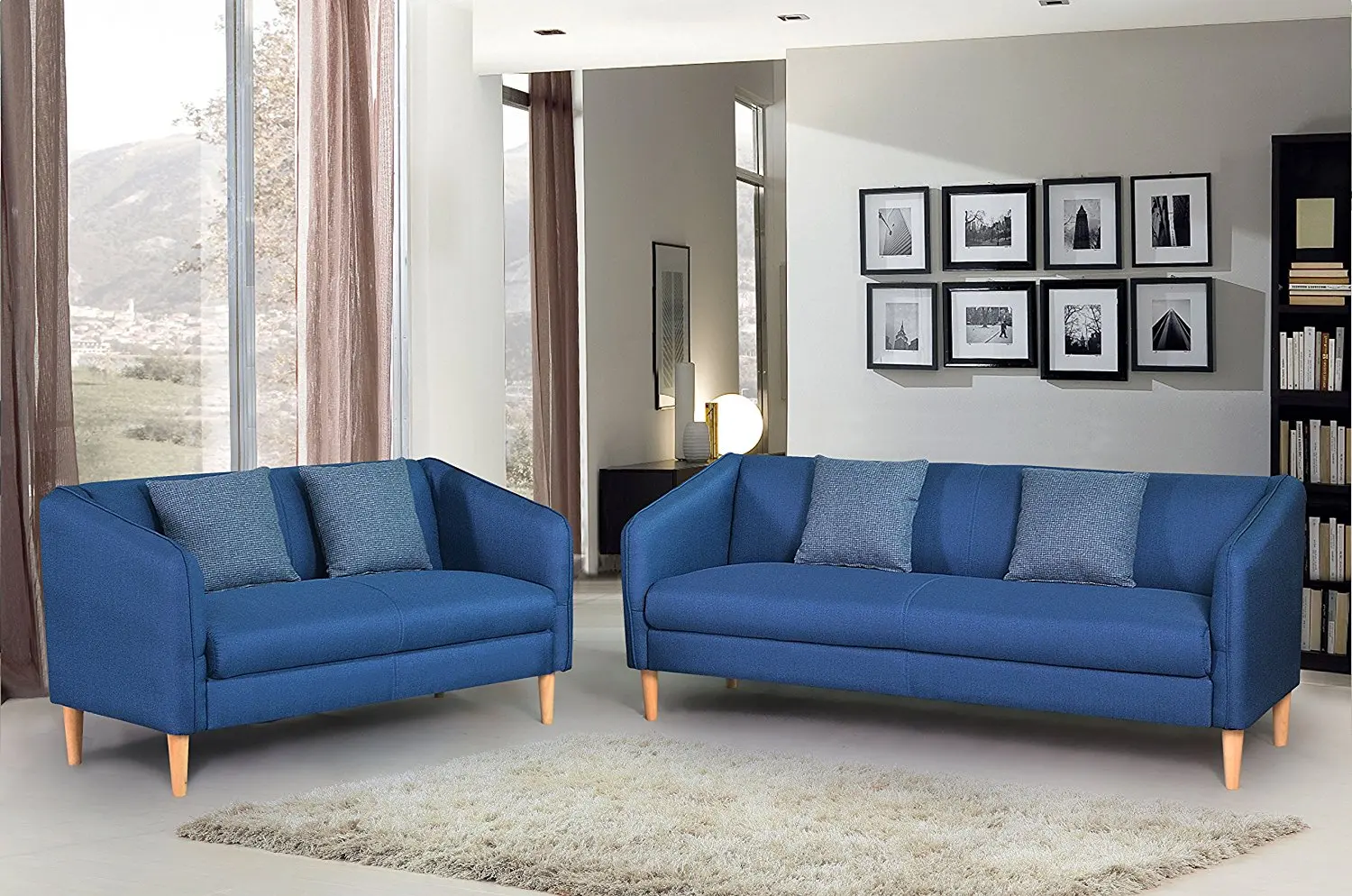 Container Furniture Direct Helton Collection 2 Piece Collection Modern Reversible Fabric Living Room Sofa Set, Blue